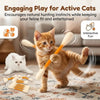A small orange tabby cat plays with a felt cotton swab toy on a rug.