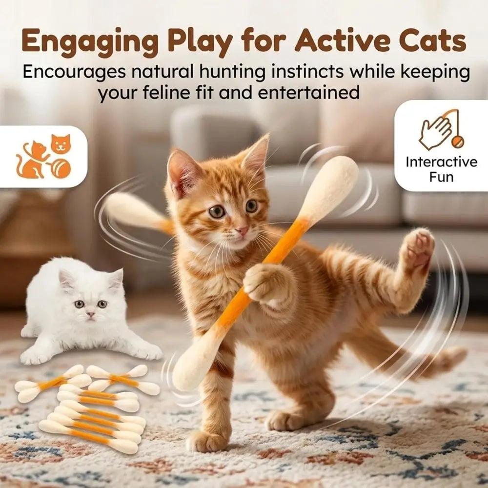 A small orange tabby cat plays with a felt cotton swab toy on a rug.
