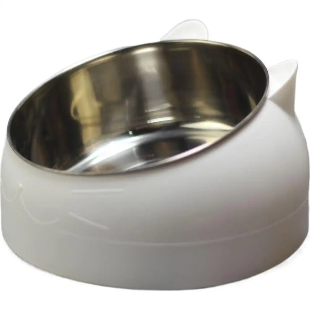 Ergonomic 15 degree inclined stainless steel pet bowl with a white non-slip base