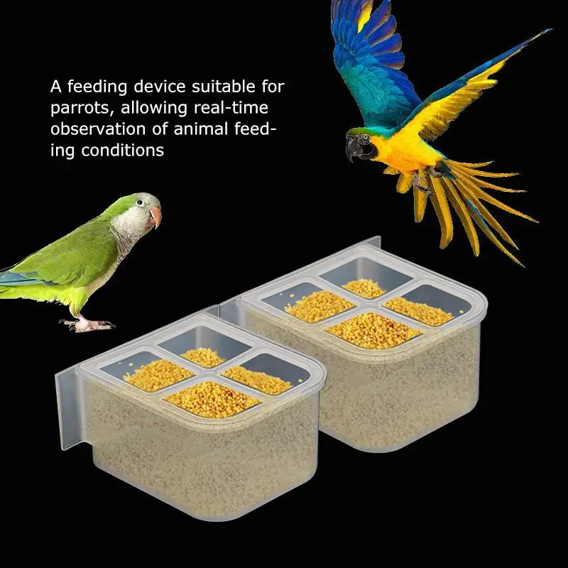 A colorful parrot is feeding from a hanging bird feeder and waterer with a splash guard.