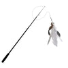 An extended telescopic cat teaser wand with a feather toy attached.