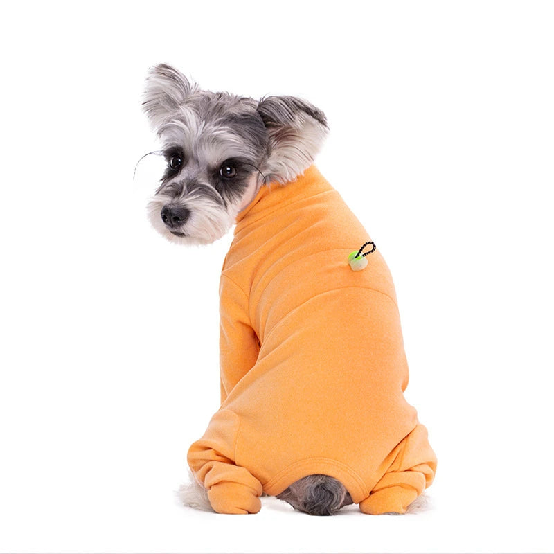 A small, gray and white dog wearing an orange thermal fleece jumpsuit.