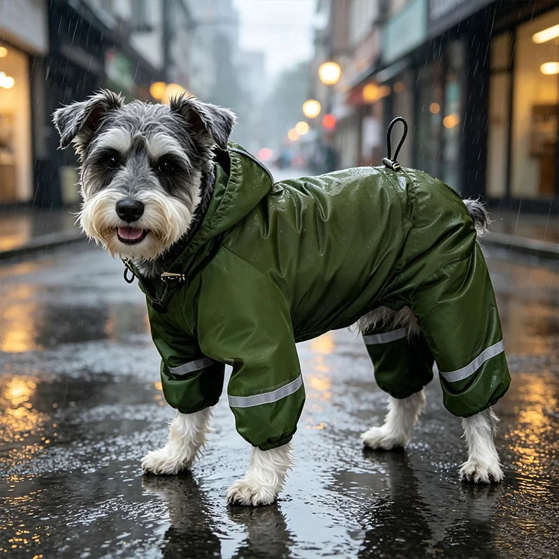 A small, shaggy dog wearing a green insulated hooded raincoat with reflective strips walks on wet pavement in the rain.