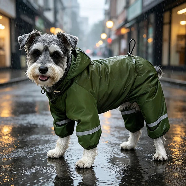 A small, shaggy dog wearing a green insulated hooded raincoat with reflective strips walks on wet pavement in the rain.