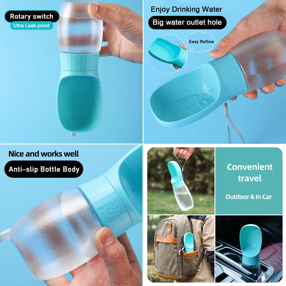 A portable pet water dispenser in light blue and silver, showing various features like a rotary switch and easy refill.