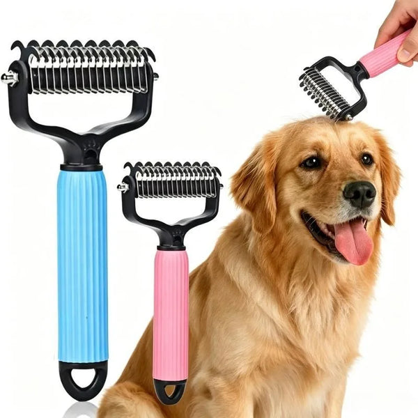 A golden retriever is being groomed with a pink pet detangling comb and a blue one.