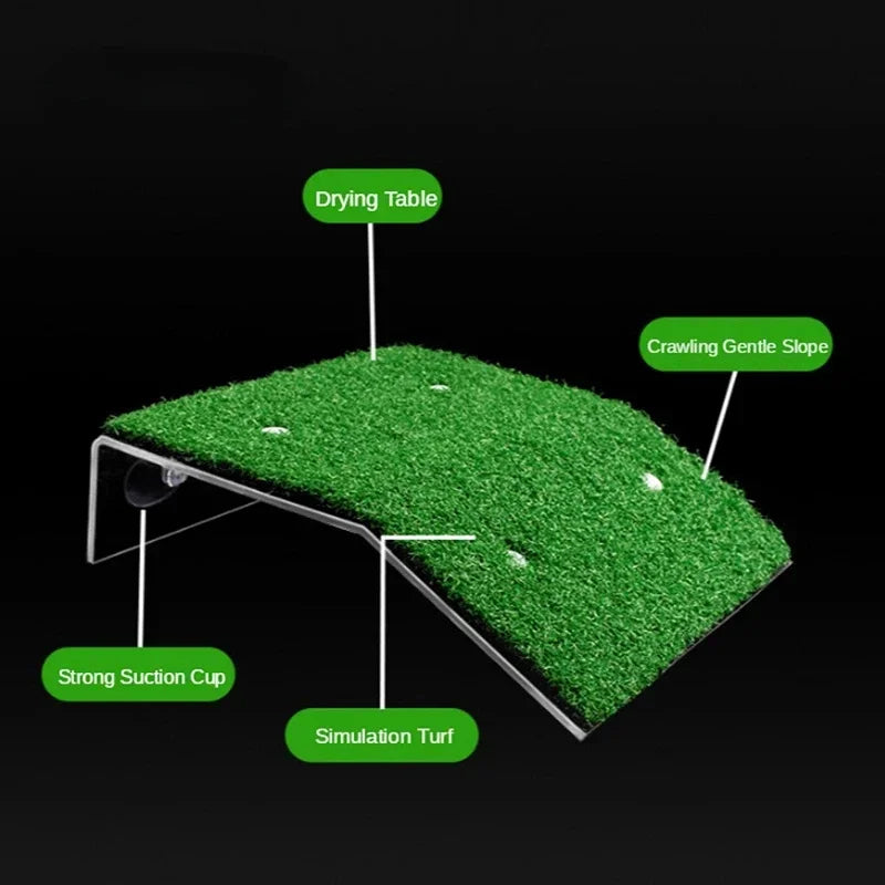 A green simulation turf platform designed for aquatic turtle basking, featuring a drying table and gentle slope.