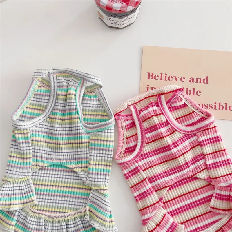 Summer Suspender Dog Dress - Striped Strawberry Print