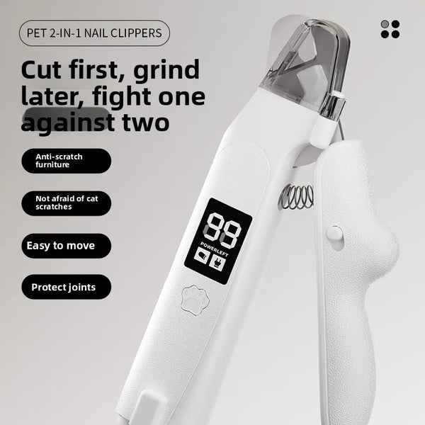 A white pet nail clipper and grinder tool is shown, highlighting features like anti-scratch furniture and joint protection.