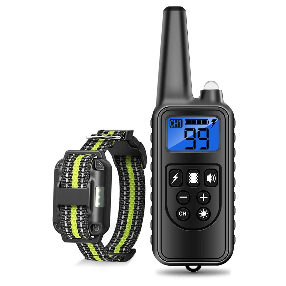 A black long-range dog training collar with a remote control and digital display is shown.