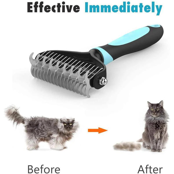 A black and blue pet grooming brush is shown next to a fluffy cat before and after use.
