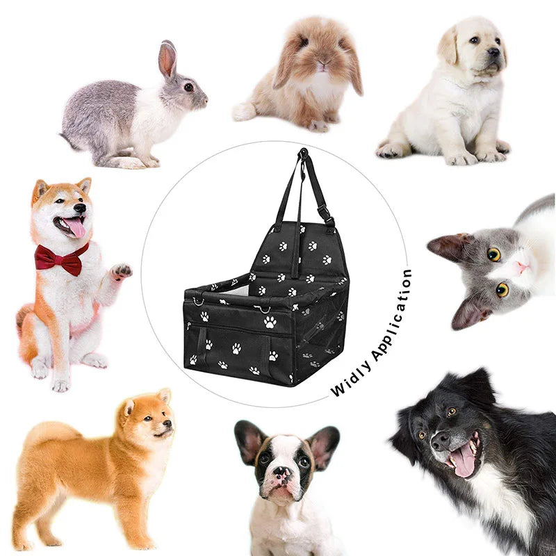 A collection of pet travel booster seats for dogs and cats, including various breeds and sizes.