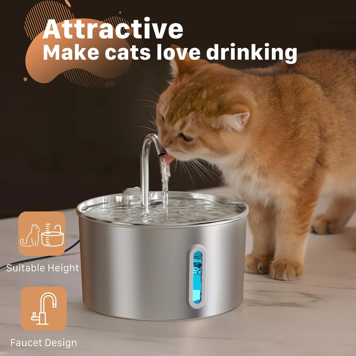 An orange kitten drinks water from a stainless steel automatic cat water fountain.