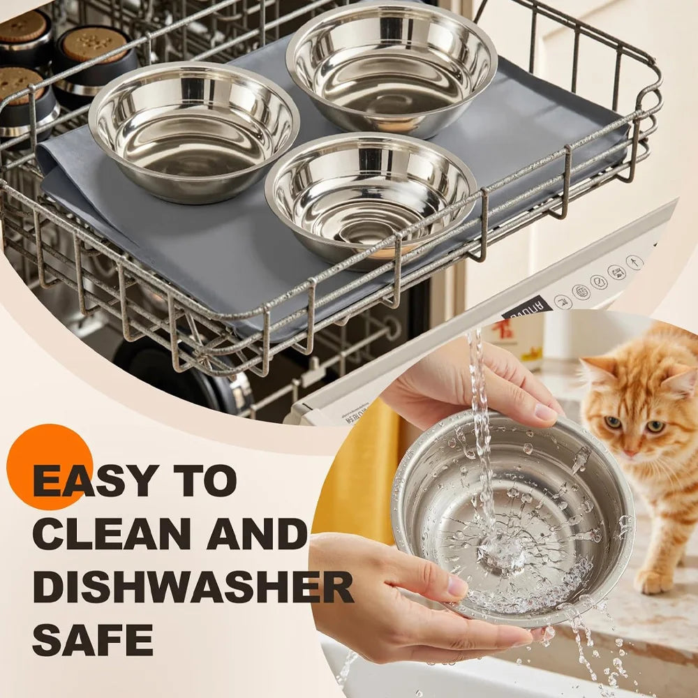 Stainless steel elevated cat bowl stand with a feeding mat being washed under running water.
