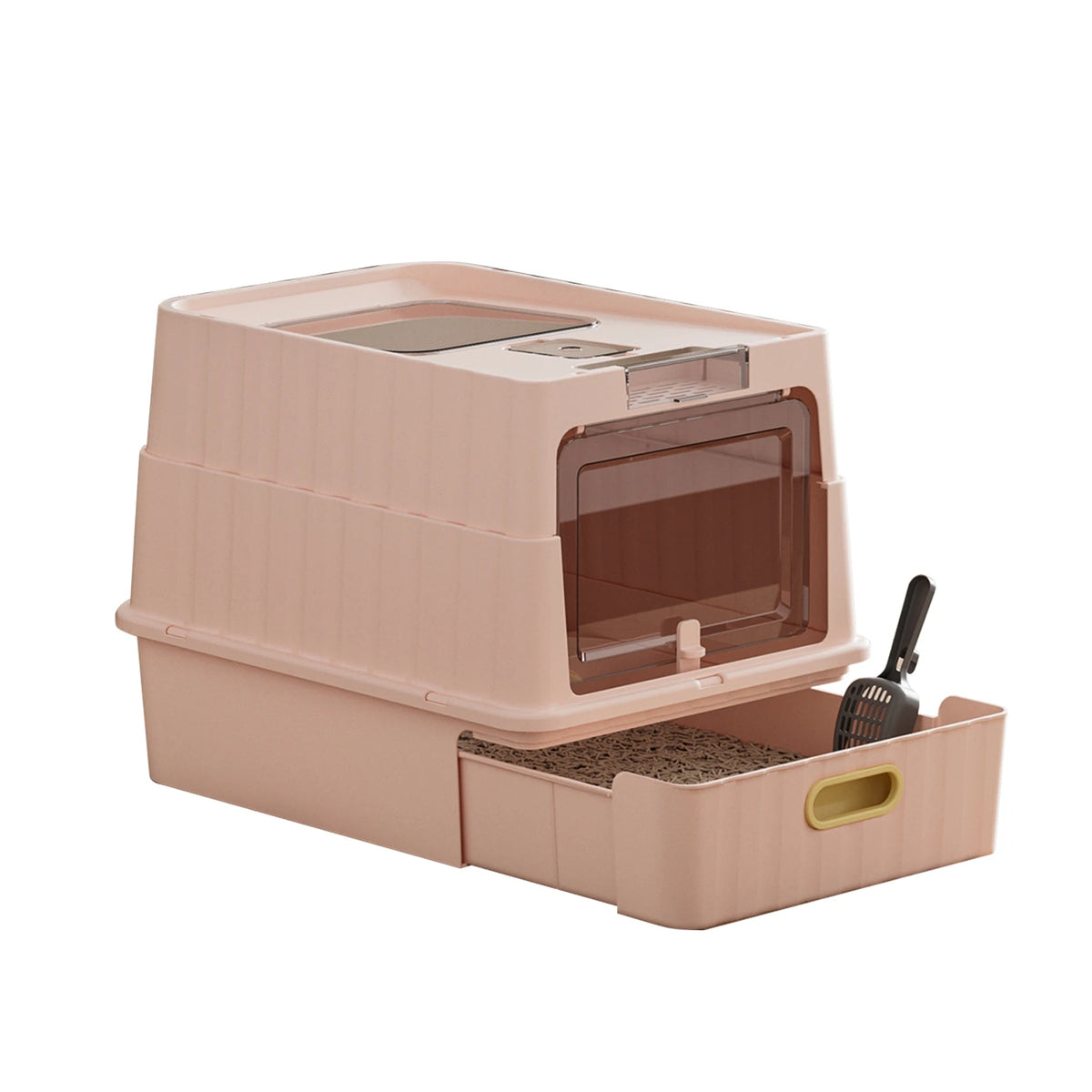 A pink plastic cat litter box with a clear lid and a removable tray for litter.