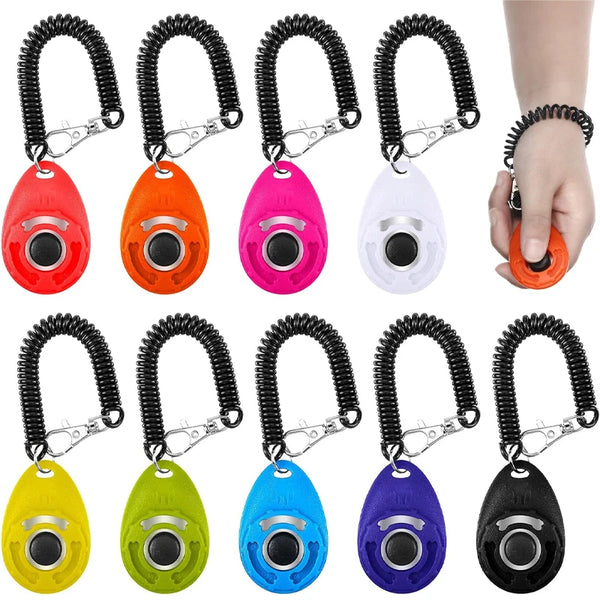A set of adjustable pet training clickers for dogs and cats in various colors including red, orange, pink, white, yellow, gre