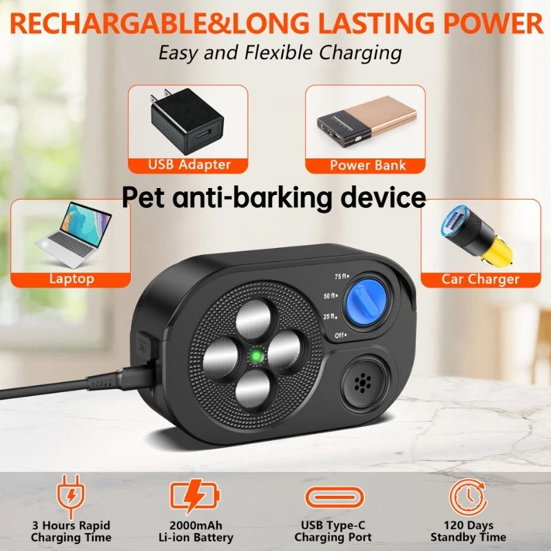 Un dispositif anti-aboiement ultrasonique noir avec divers accessoires de charge et contextes d'utilisation.