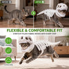 A tabby cat wearing a white dinosaur skeleton costume, demonstrating flexibility and comfort.