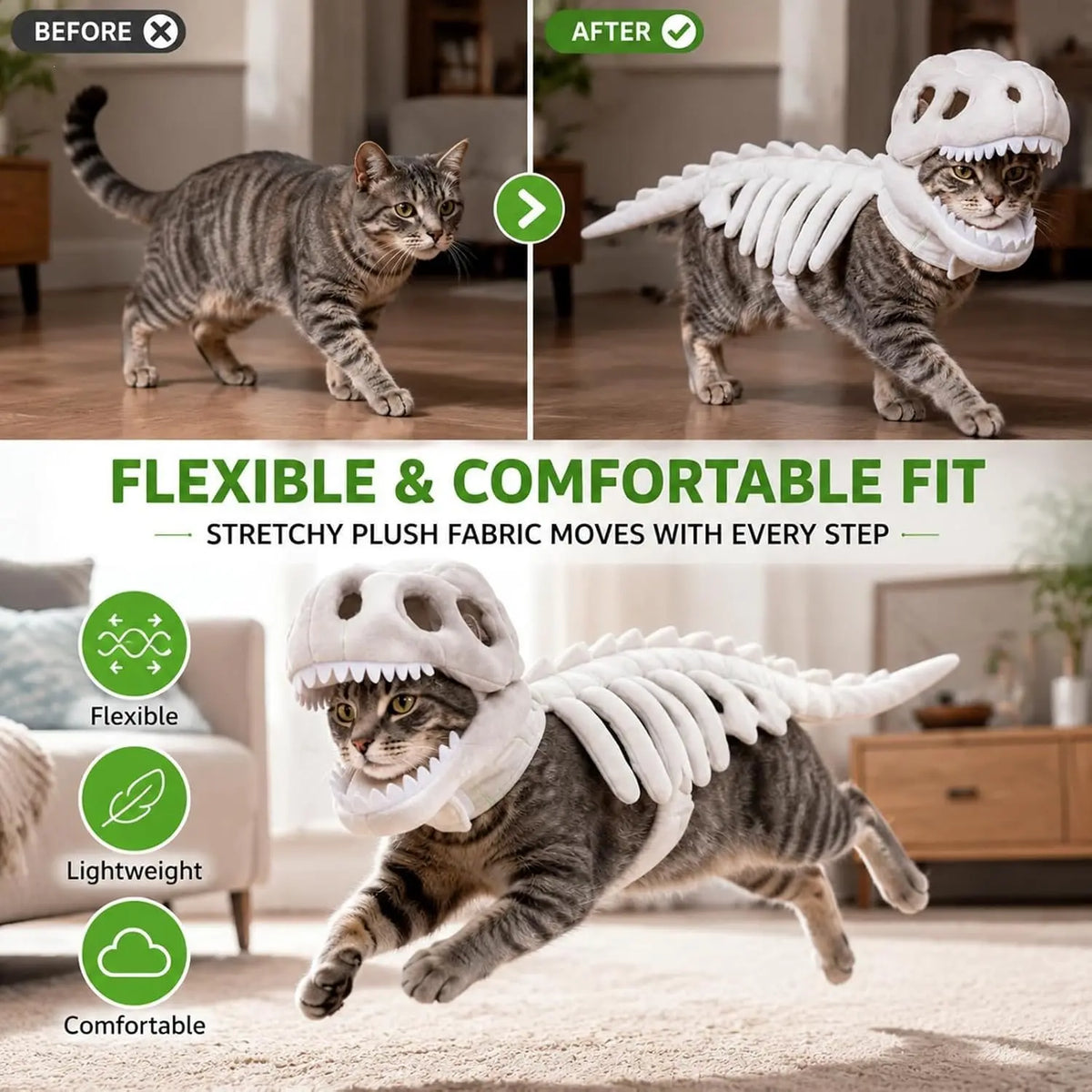 A tabby cat wearing a white dinosaur skeleton costume, demonstrating flexibility and comfort.