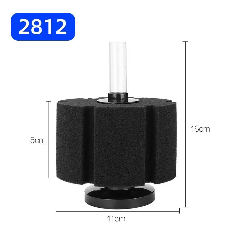 Black aquarium bio sponge filter with a clear tube and air pump skimmer visible.