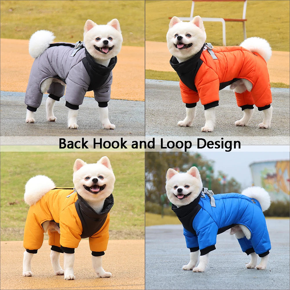 Quatre images montrant des designs de crochet et boucle sur des vestes imperméables rembourrées pour chiens en gris, orange e