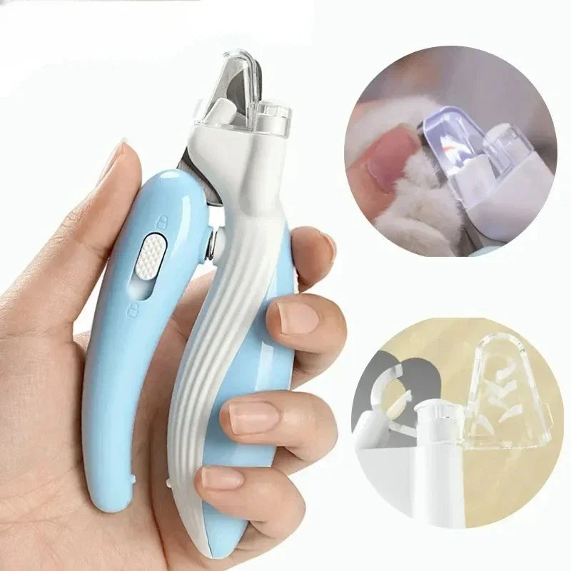 A hand holds a light blue pet nail clipper with a stainless steel trimmer and an LED light feature, shown alongside close-ups