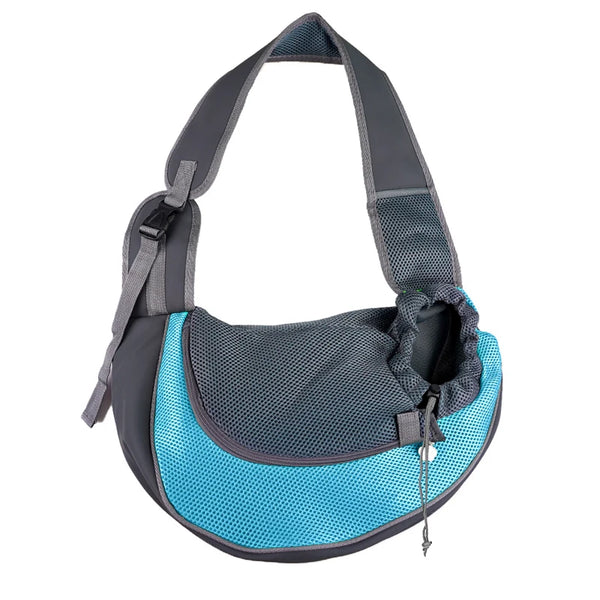 A breathable mesh pet carrier sling in gray and blue is shown from above.