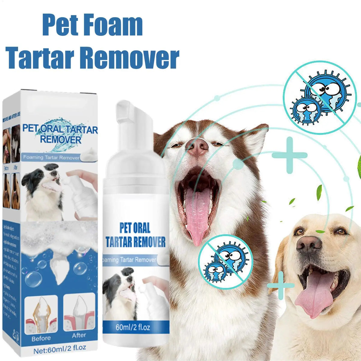 Box and bottle of Pet Oral Tartar Remover foam for dogs, shown alongside happy dogs.
