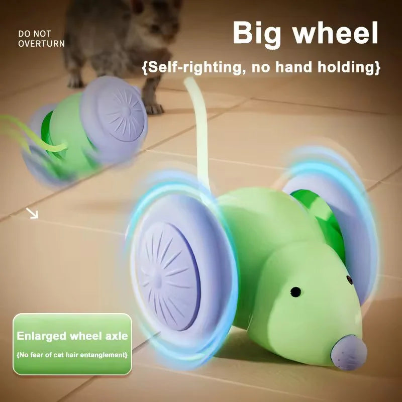 A green and purple self-righting big wheel cat toy with an enlarged wheel axle.