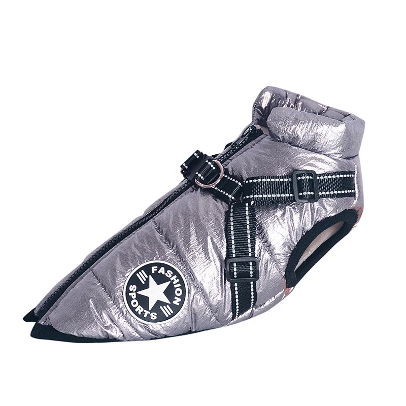 Chaleco/arnés impermeable para perro plateado con forro de felpa y correas negras
