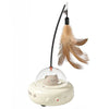 A light beige interactive cat teaser wand with feathers and a bell, featuring a cat-shaped base.
