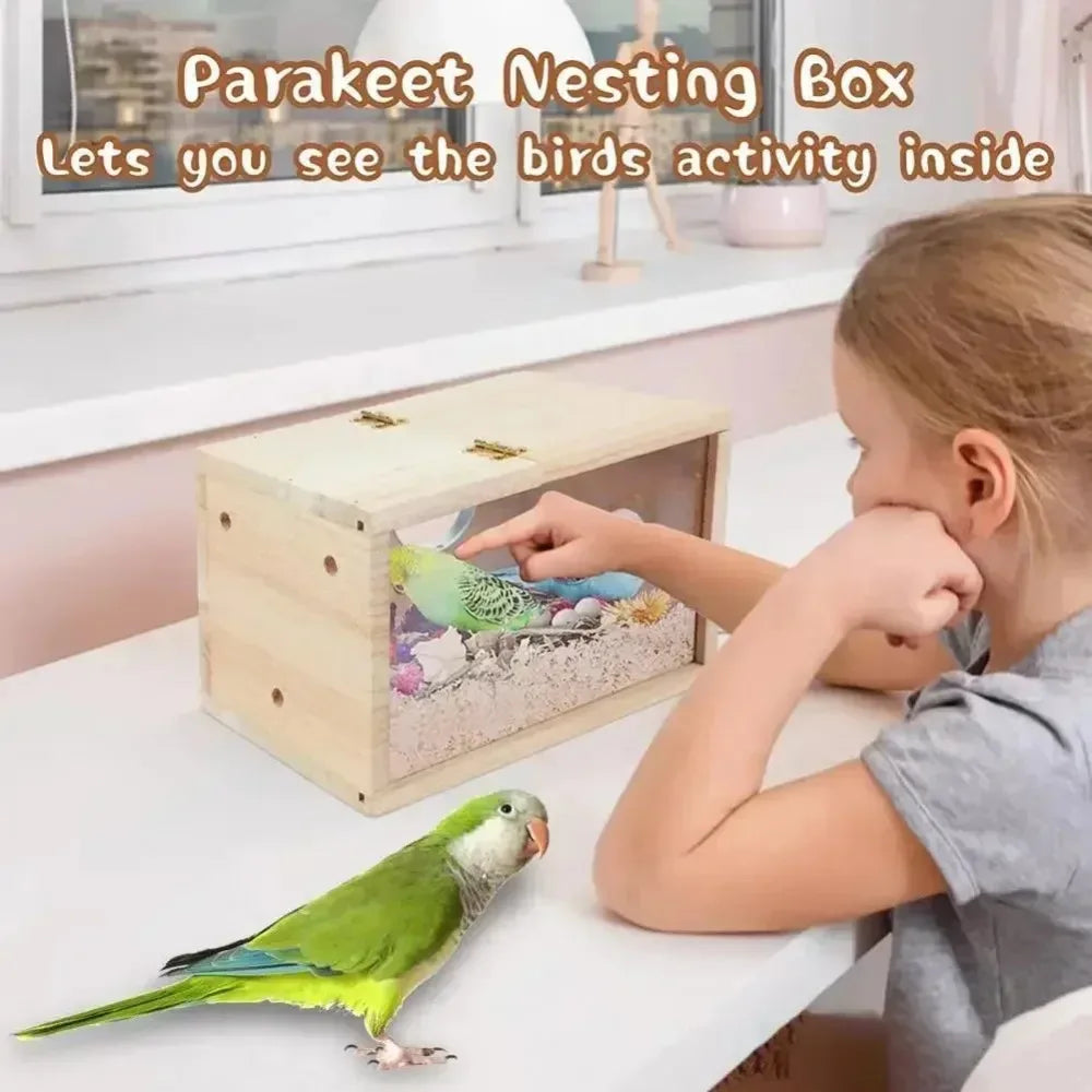 A young girl is looking into a wooden bird nesting box to observe birds activity inside.