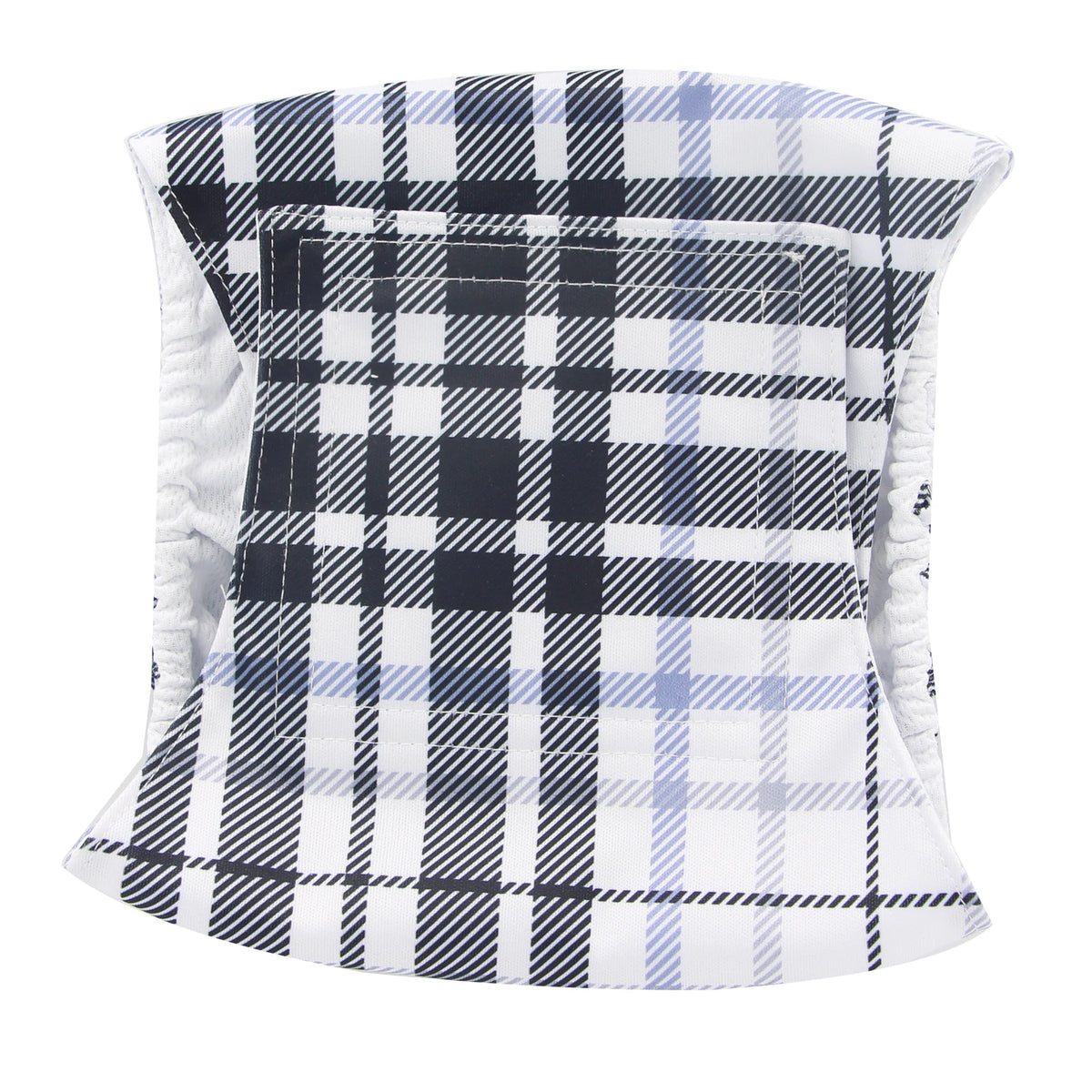 A stack of black and white plaid washable dog diaper wraps or sanitary belly bands.