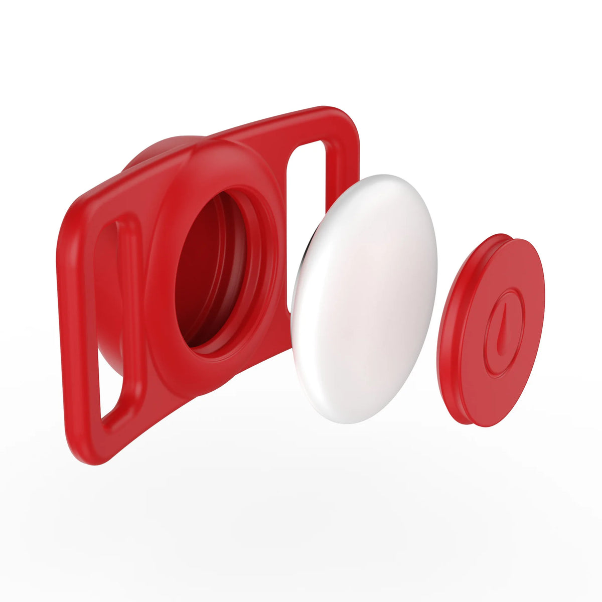 Rotes Silikonhalter mit weißem Deckel für einen AirTag oder Halsband für Haustiere.