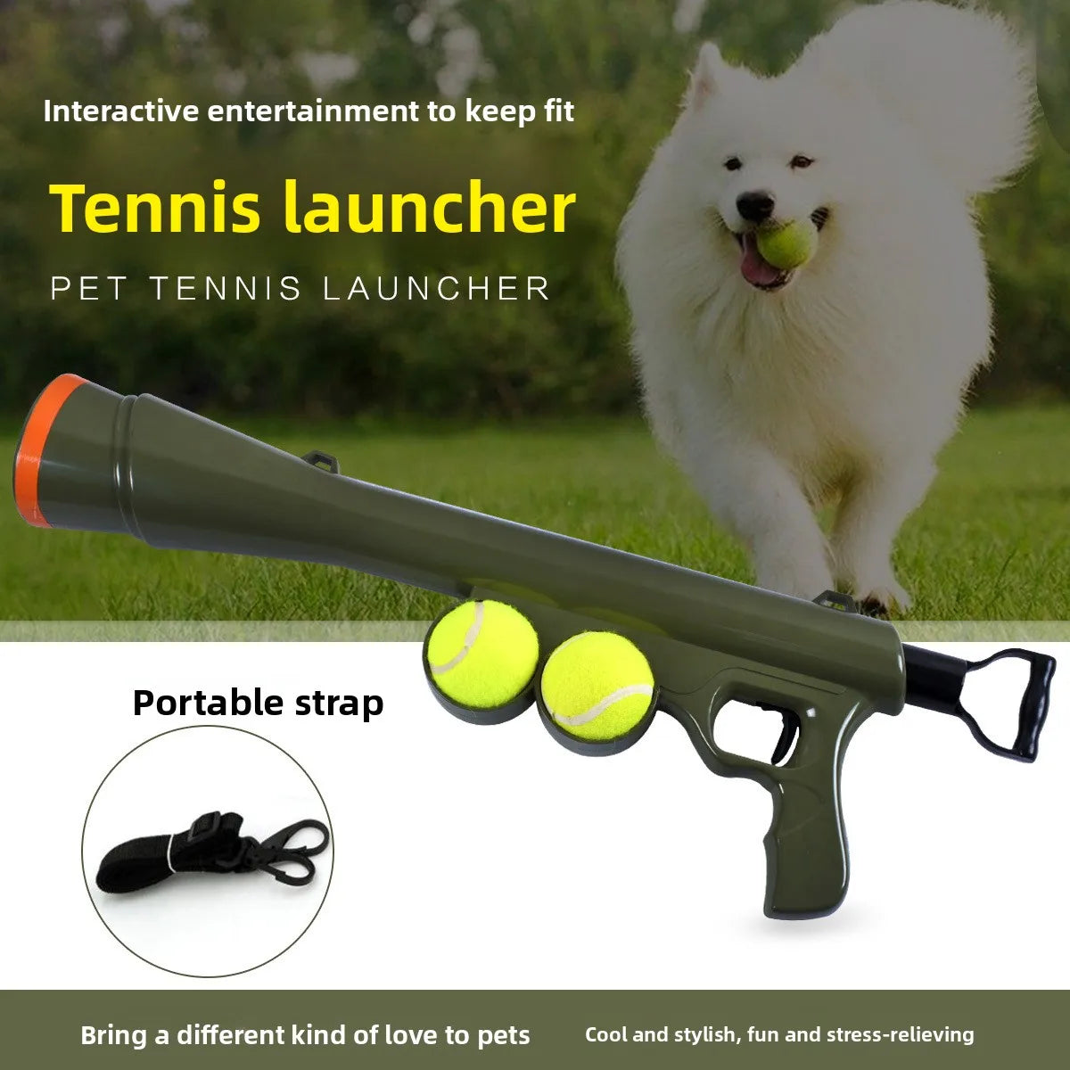 A white dog is pictured next to a green tennis launcher, showing the pet tennis launcher and a ball.