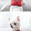 A white dog wearing a red and white Chicago basketball vest.