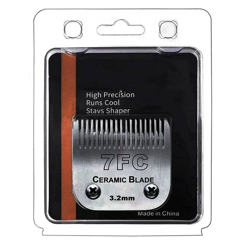 A black pet clipper blade labeled 7FC ceramic blade with a 3.2mm size and made in China.