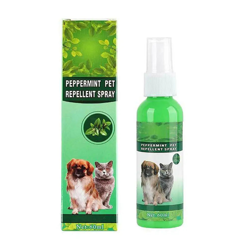 Botella de spray verde para mascotas con menta, con ilustraciones de gatos y vegetación.