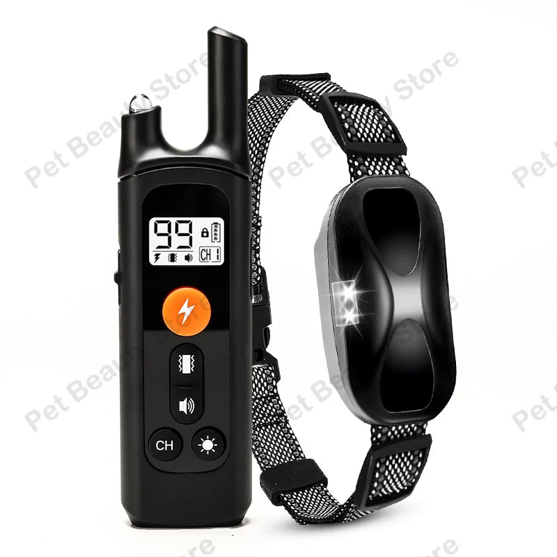 A black rechargeable remote dog training collar with an LCD display and a nylon strap is shown.