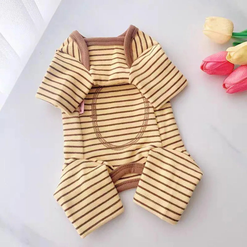 Cozy striped dog pajamas with full belly coverage in beige and brown stripes