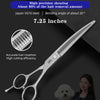 A pair of professional pet magic scissors with a 7.25-inch blade shown next to a small white dog.