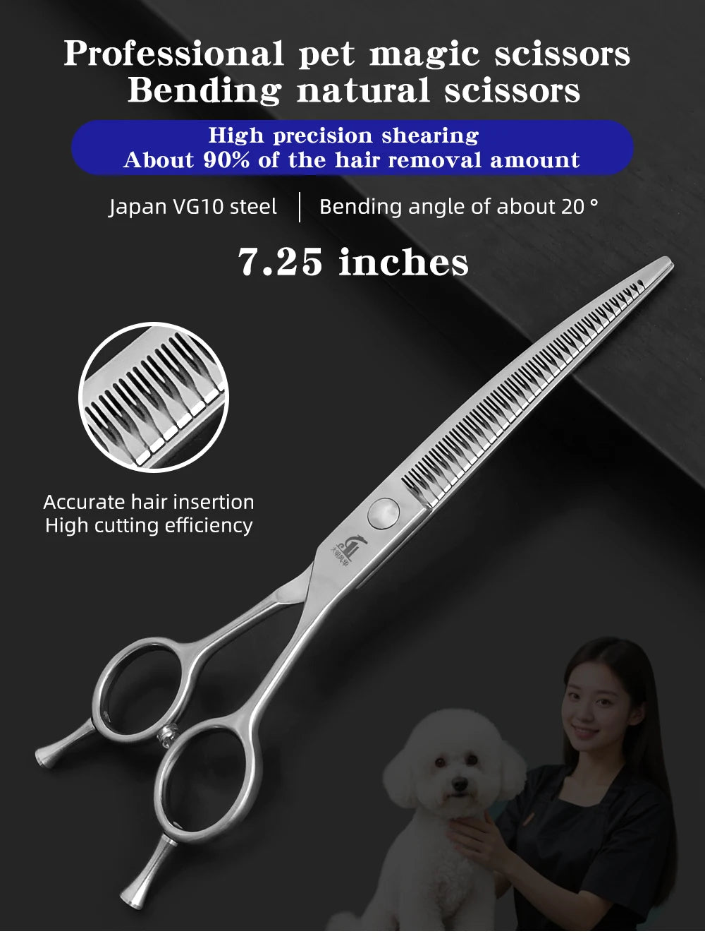 A pair of professional pet magic scissors with a 7.25-inch blade shown next to a small white dog.