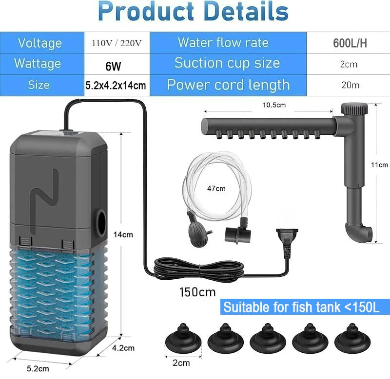 3-in-1 Silent Aquarium Filter with Wave Maker and Oxygenation
