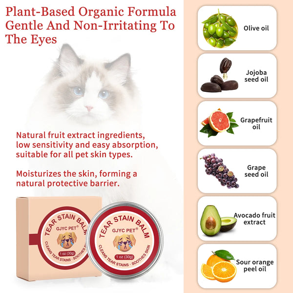 Set of natural fruit extract balms for pet tear stains, including olive oil, jojoba seed oil, grapefruit oil, and grape seed 
