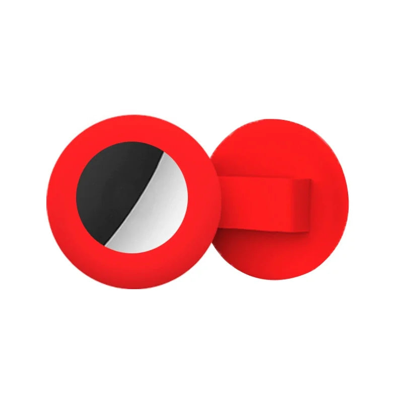 A red silicone collar holder with a black and white circular design.
