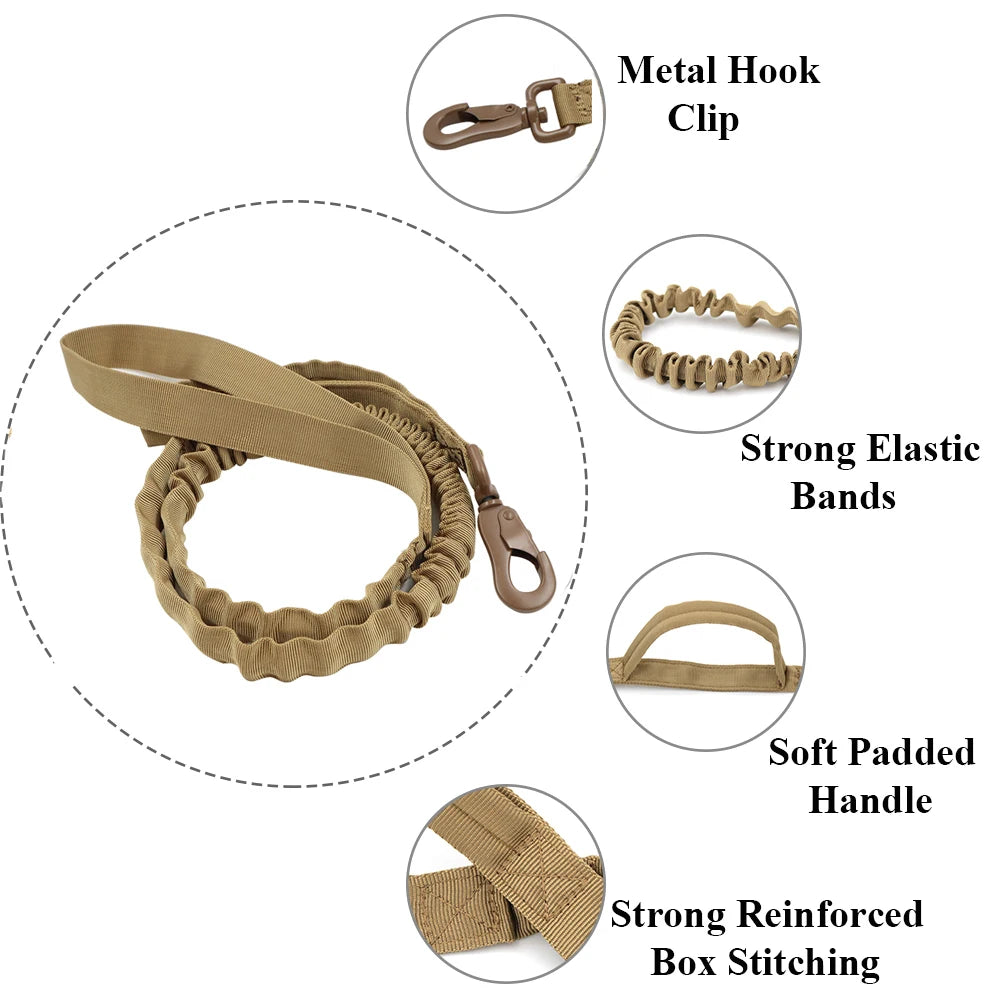 Tactical Dog Leash with Dual Handles and Shock-Absorbing Bungee