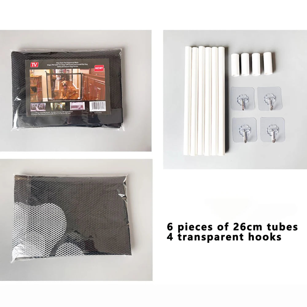 A black flexible pet safety mesh gate with transparent hooks and white tubes for pet confinement.