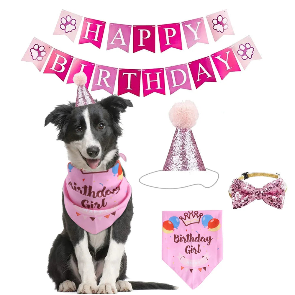 A black and white dog wearing a pink birthday bandana with a pink banner decoration.