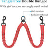 Red tangle-free double bungee leash with a metal swivel and reflective thread