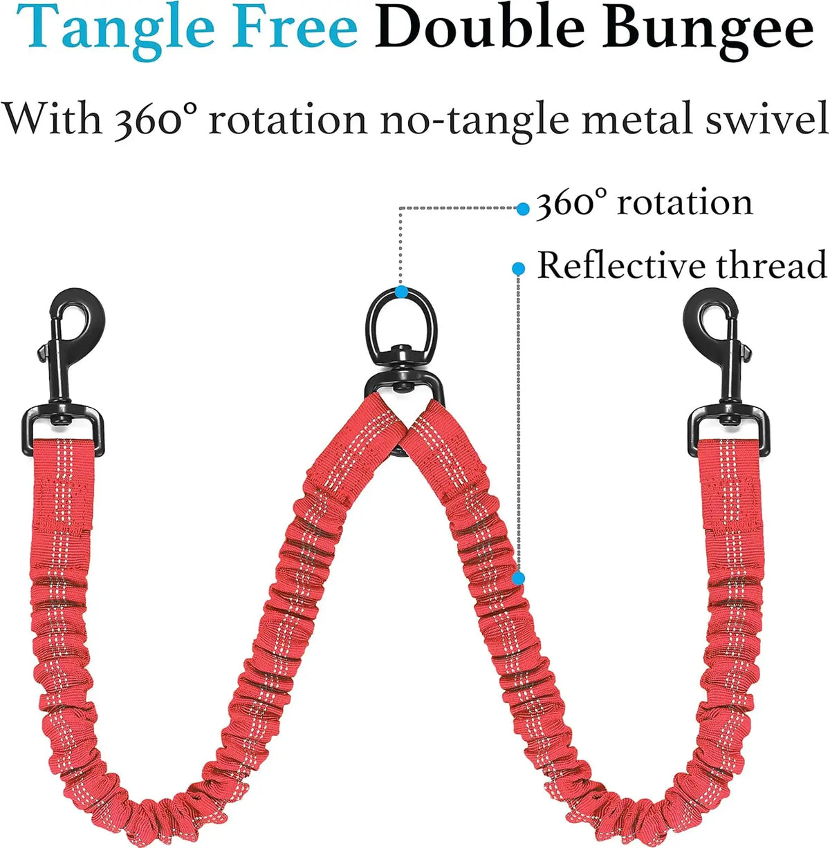 Red tangle-free double bungee leash with a metal swivel and reflective thread